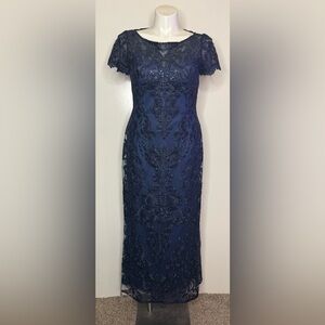 La Femme Navy Embellished sequined A-Line Gown Dress